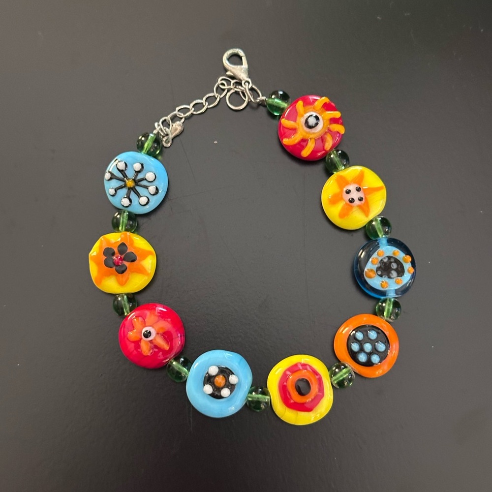 Vintage beaded bracelet colorful art glass lamp work 3D applied beads